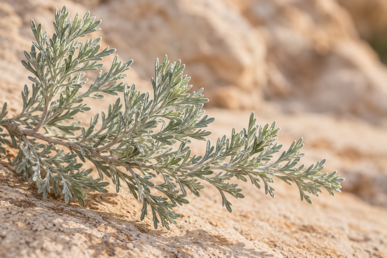 Close-up of silver-green desert sage against sandstone